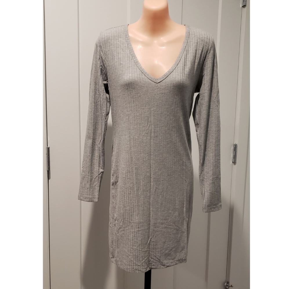 Antistar Ribbed Plunge V-Neck Long Sleeve Dress